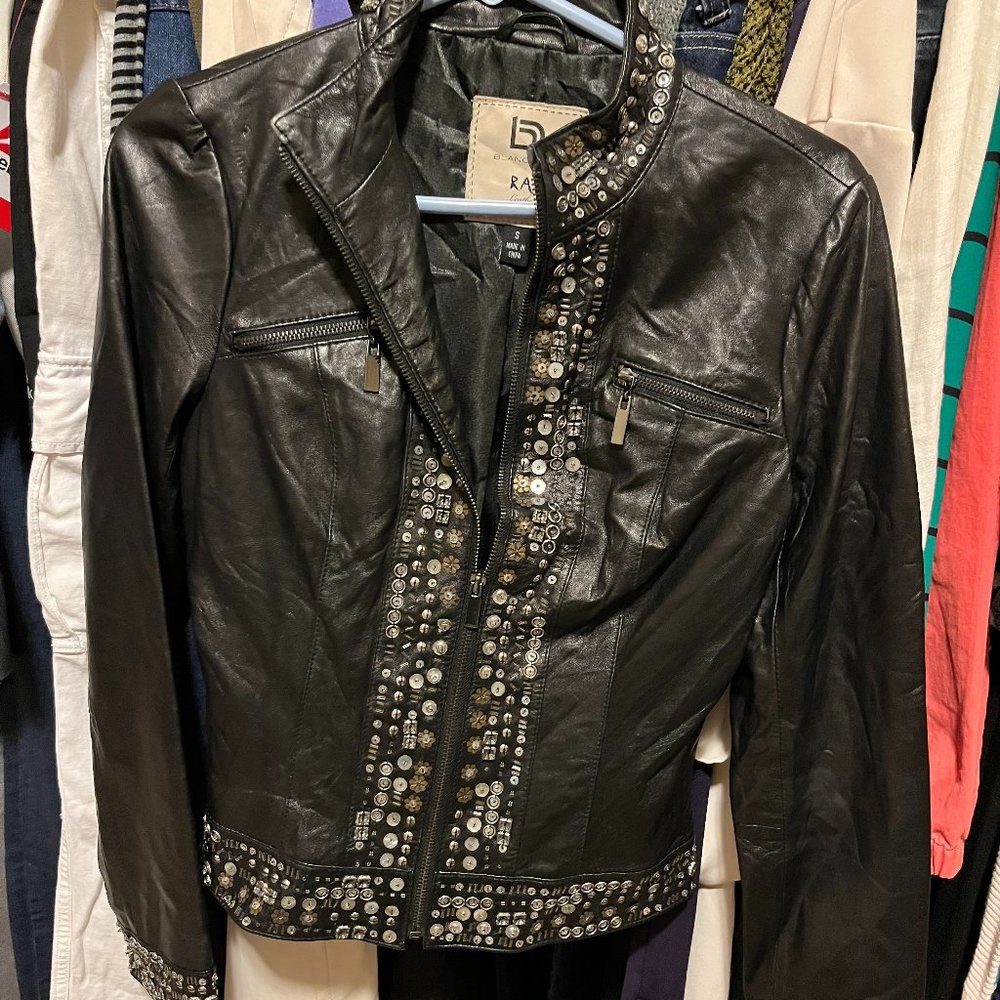 Blanc Noir Raw Leather Jacket 100% Genuine Leather Black Beaded Trim Size S